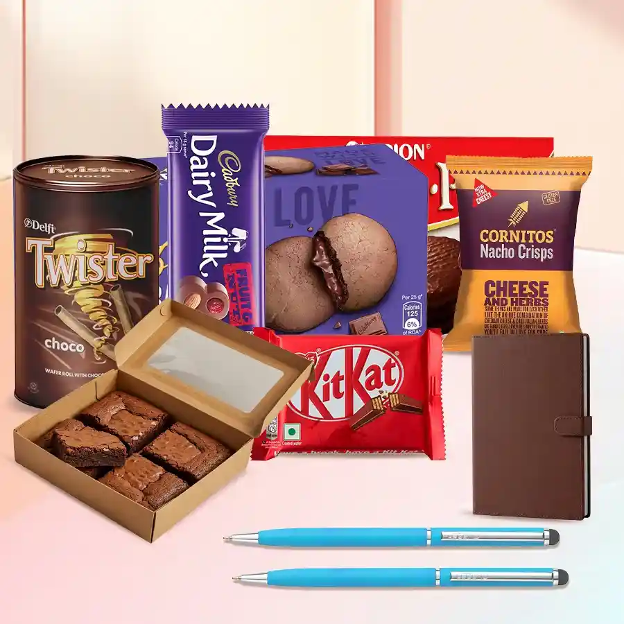 Exquisite New Year Chocos Gift Hamper featuring a variety of chocolates, snacks, two ballpoint pens, and a pocket diary arranged elegantly in a festive presentation.
