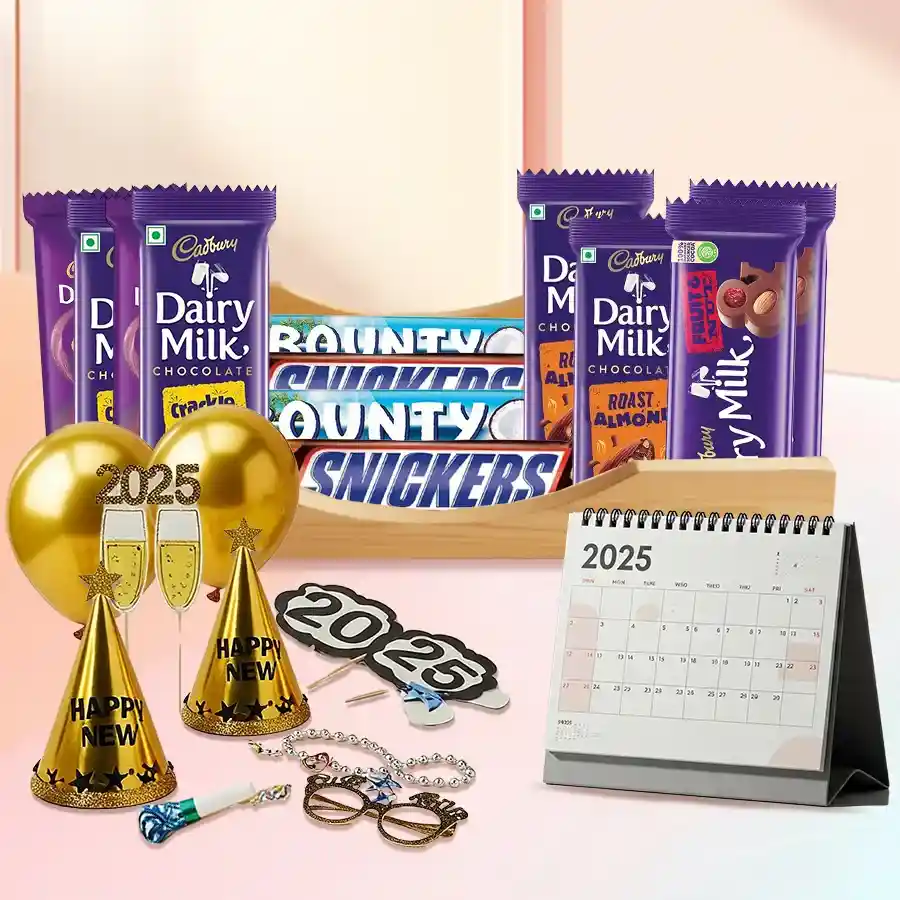 Delightful New Year choco and assortments gift hamper featuring chocolates, a desk calendar, festive decorations, and a wooden tray.