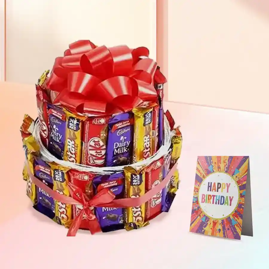 Marvelous Choco Arrangement featuring Cadbury Dairy Milk bars, Nestle KitKats, and Cadbury Five Stars with a birthday card