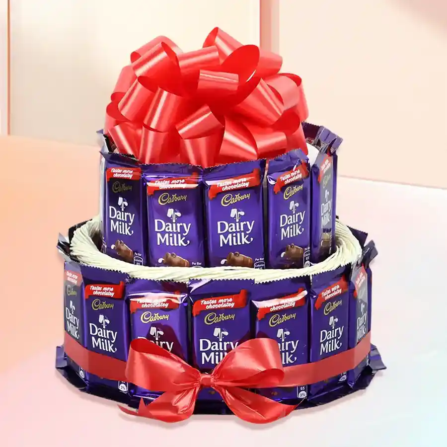 Exquisite two-tier choco arrangement featuring 30 Cadbury Dairy Milk chocolates