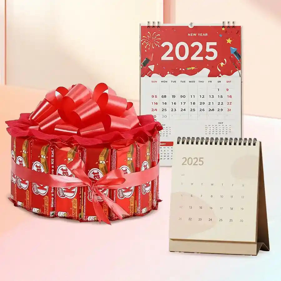 Outstanding KitKat Arrangement with 15 round KitKats and a vibrant red ribbon, accompanied by a wall and desk calendar