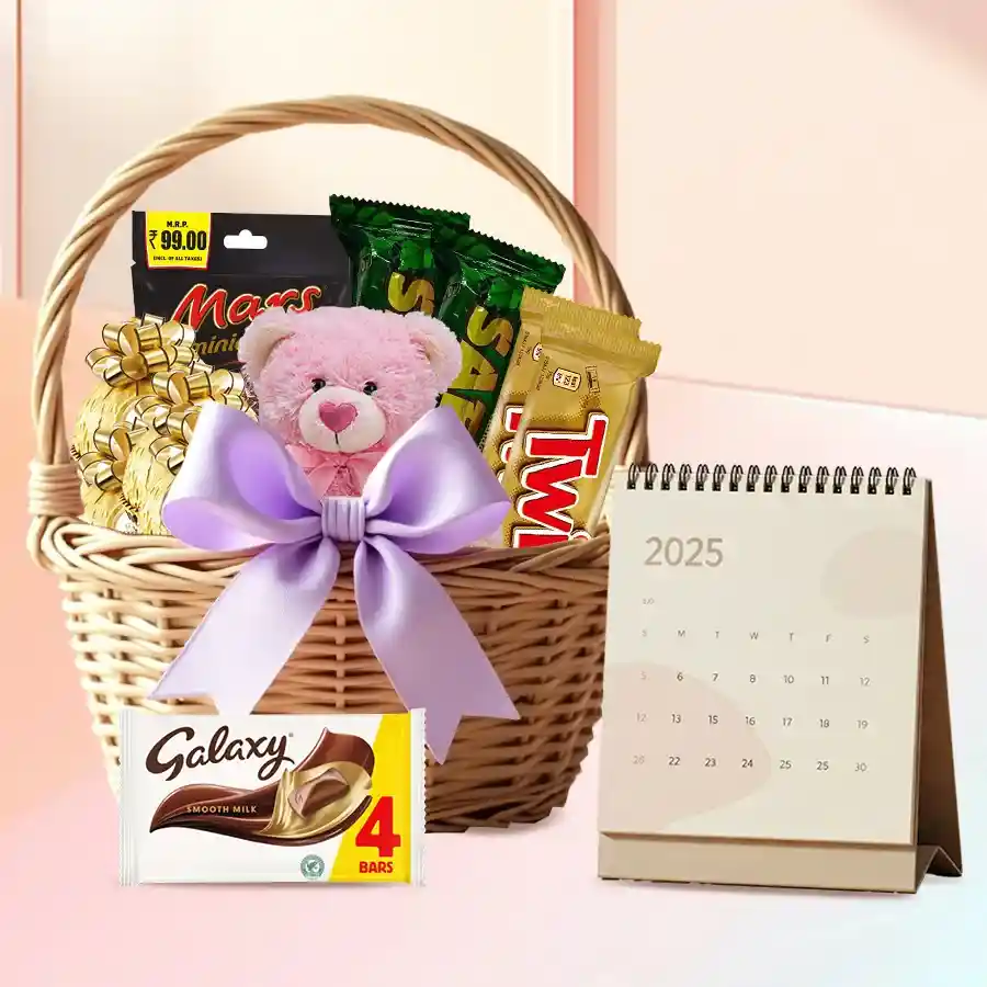 Amazing Chocolate Gift Basket with various chocolates, a teddy bear, a desk calendar, and a decorative bow