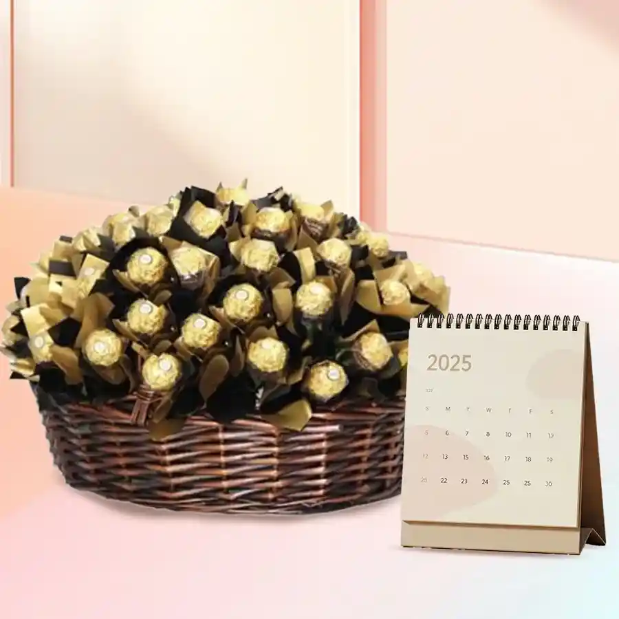 A beautifully arranged basket containing 32 Ferrero Rocher chocolates alongside a stylish desk calendar.