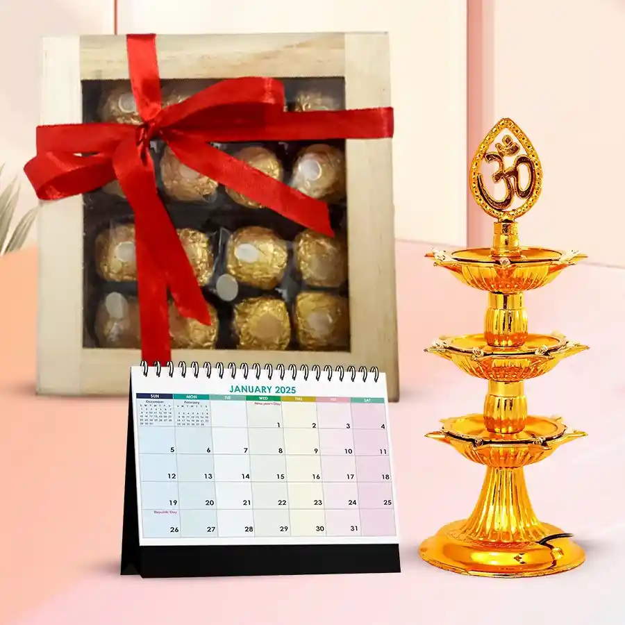 Luxurious Ferrero Rocher chocolates in a wooden box with a 3-tier LED lamp and a desk calendar on display.