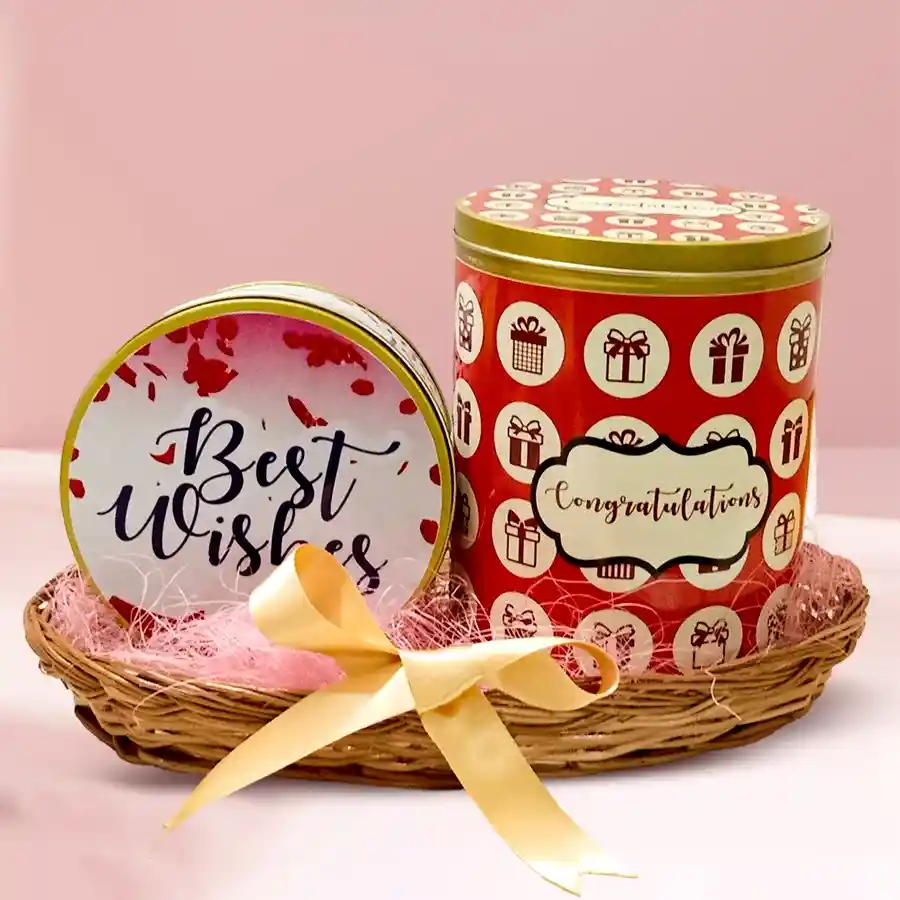 Tasty Cookies N Chocos Combo in a decorated cane basket, featuring 200g of handmade rum-filled chocolates and 200g of assorted gourmet cookies.