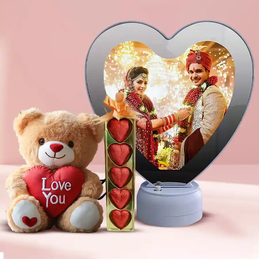 Personalized photo lamp clock with heart-shaped chocolates and a teddy bear for Valentine's Day gift