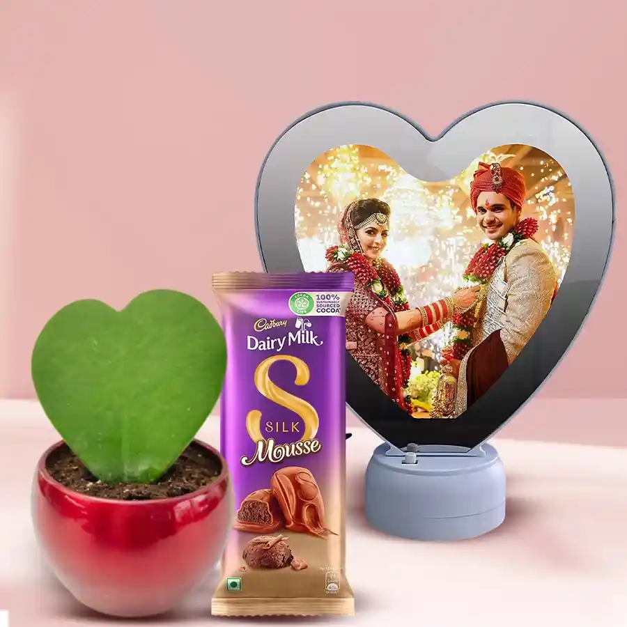 Personalized Photo Heart Lamp Clock with Hoya Plant and Cadbury Dairy Milk Silk Mousse Chocolate gift setup for Valentine's Day
