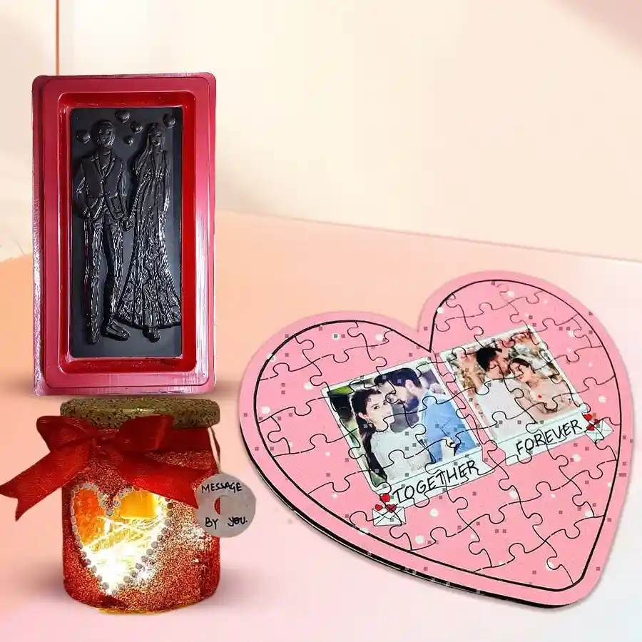 Personalized photo puzzle, handmade chocolates, and LED lamp gift set for Valentine's Day
