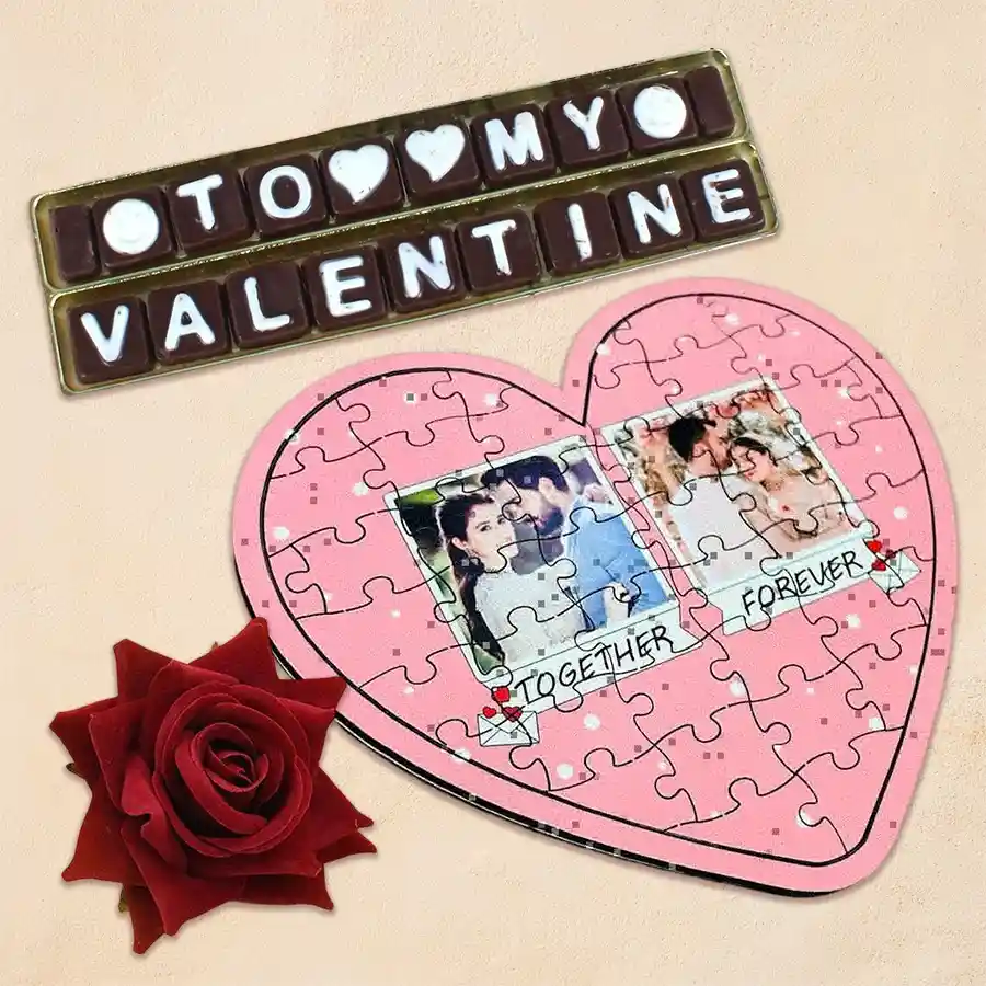 Personalized heart-shaped puzzle with a photo, velvet rose, and chocolates for Propose Day gift