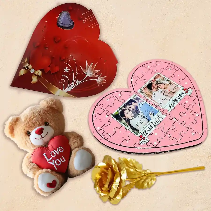 Eye Catching Happy V Day Personalized Gift Combo featuring a teddy bear, golden rose, heart-shaped puzzle, and handmade chocolate box.