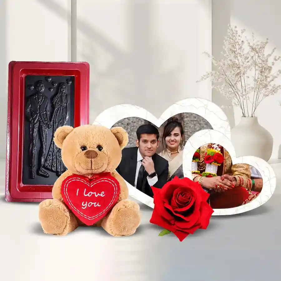 Twin Heart Personalized Photo Frame with Teddy, Chocolates, and Red Velvet Rose for Valentine's Day gift