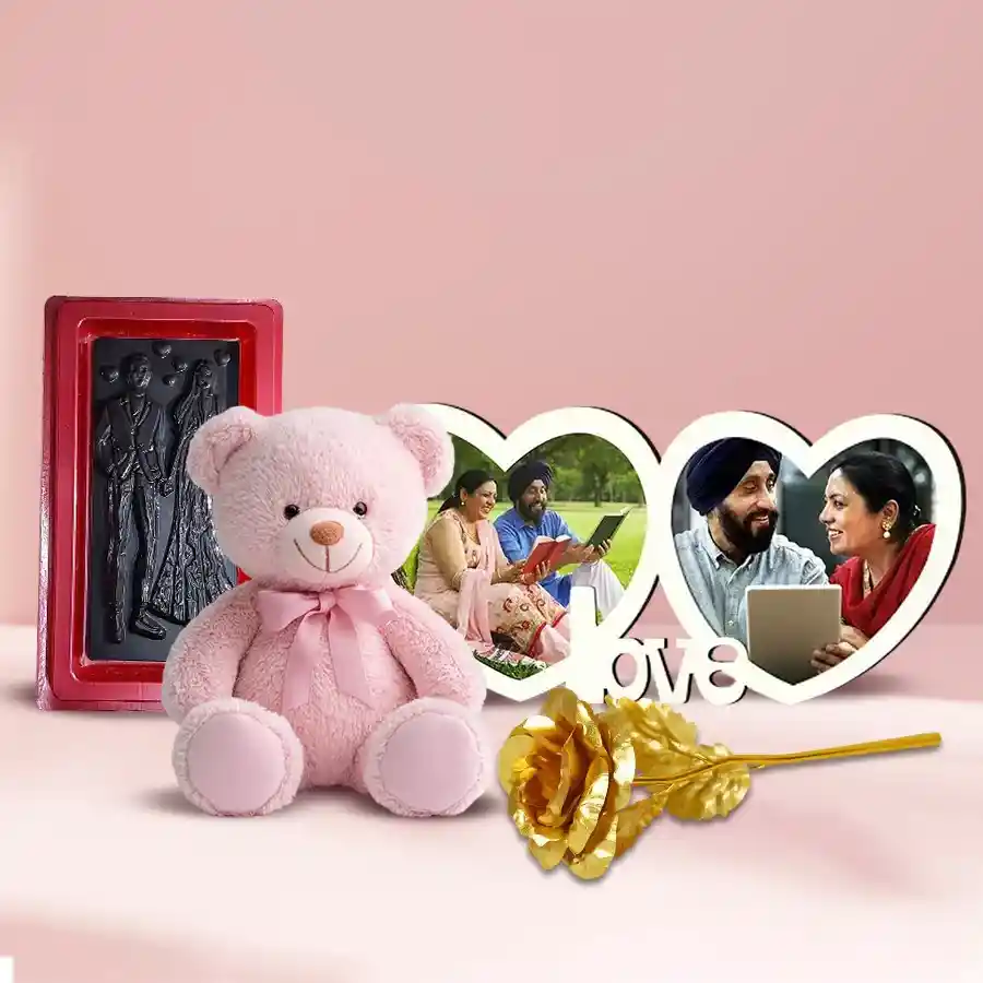 Twin Heart Personalized Photo Frame gift set with chocolates, a teddy bear, and a golden rose for Valentine's Day.