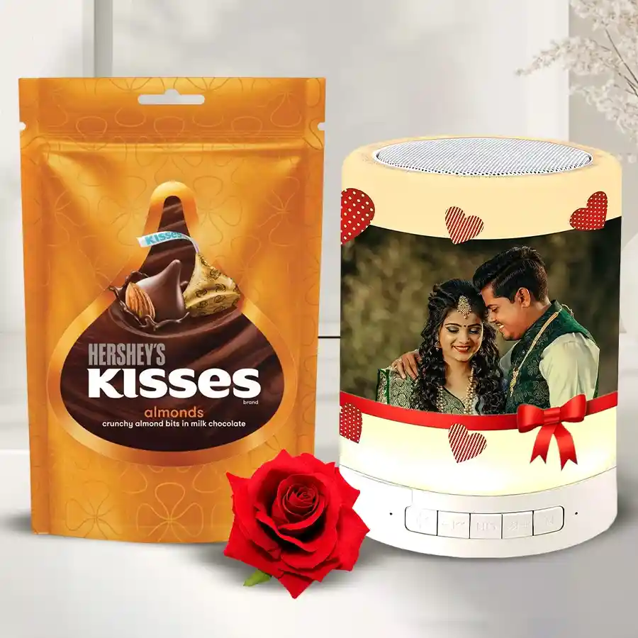Personalized photo Bluetooth speaker gift combo with Hershey's Kisses and red velvet rose
