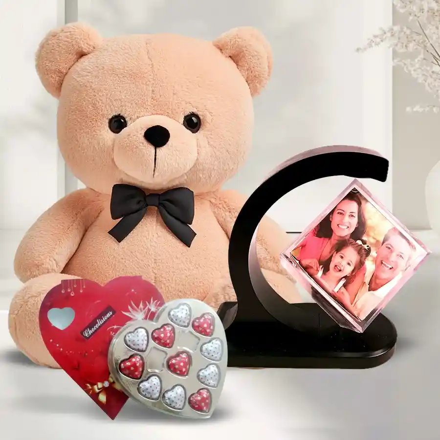 Personalized photo revolving stand with teddy bear and heart-shaped chocolates for Valentine's Day gift