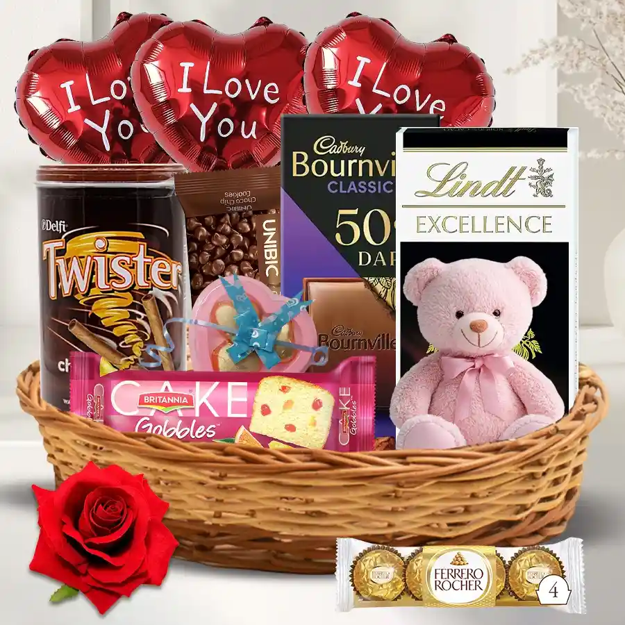 Mesmerizing chocolate treat gift box with teddy bear, rose, and assorted chocolates