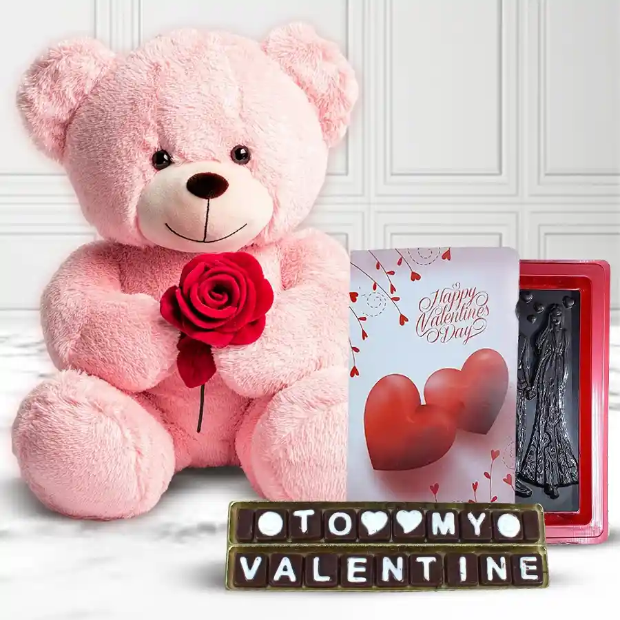 Irresistible Chocolates and Big Teddy gift combo for Propose Day, featuring a 40 cm teddy holding a rose and assorted chocolates.