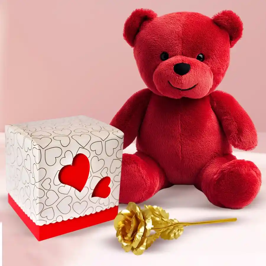 Teddy bear, heart-shaped chocolate box, and golden rose gift combo for Valentine's Day