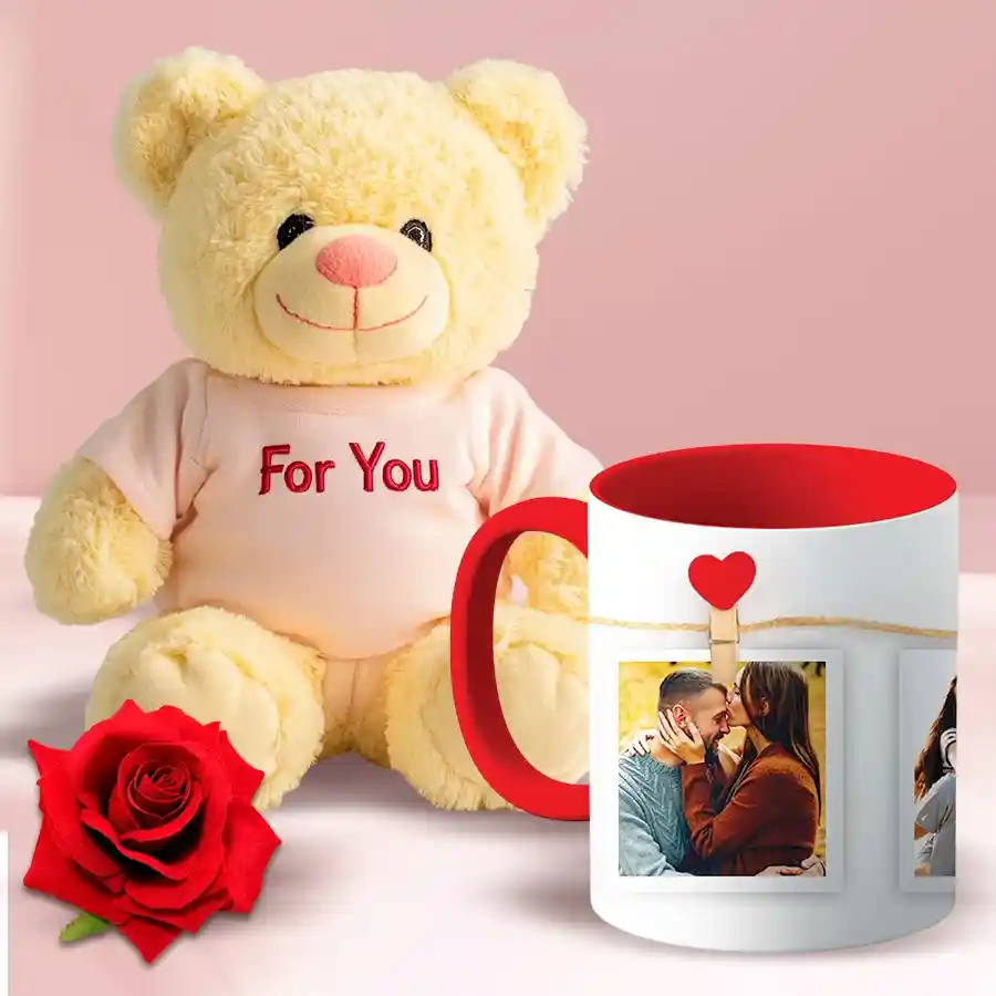 Dazzling Valentine Special Gift Combo including a plush teddy bear, personalized photo coffee mug, and a red velvet rose