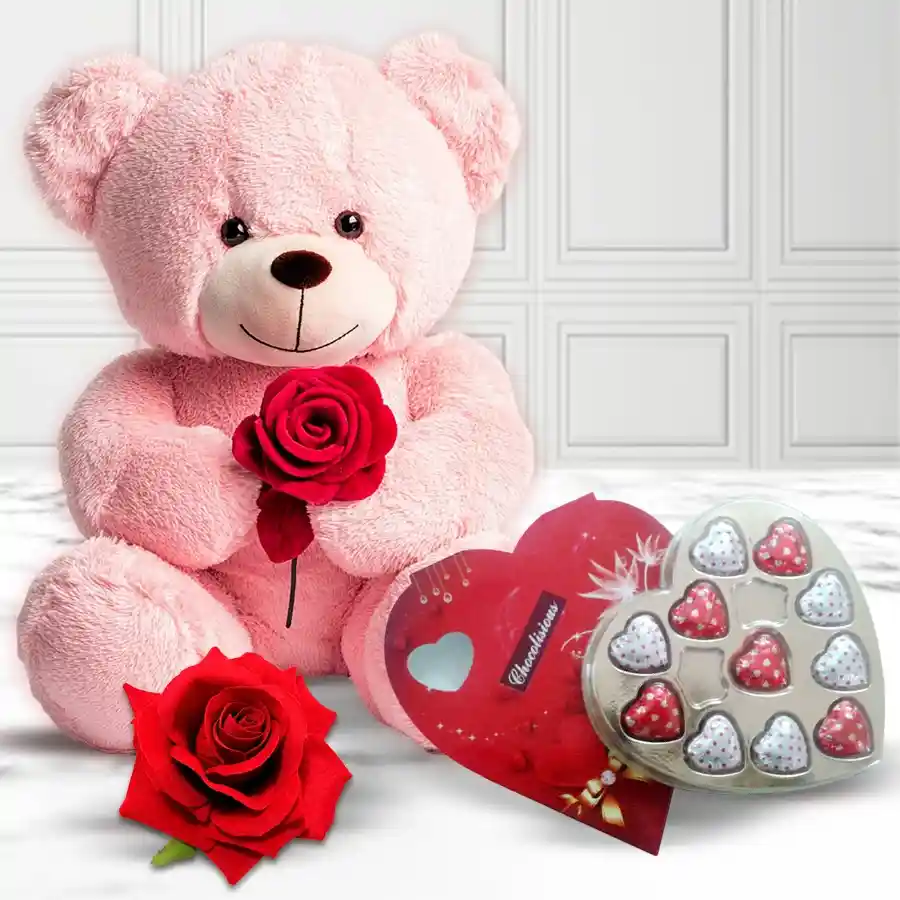 40 cm Charismatic Teddy with heart-shaped chocolates and a red velvet rose for Teddy Day celebration