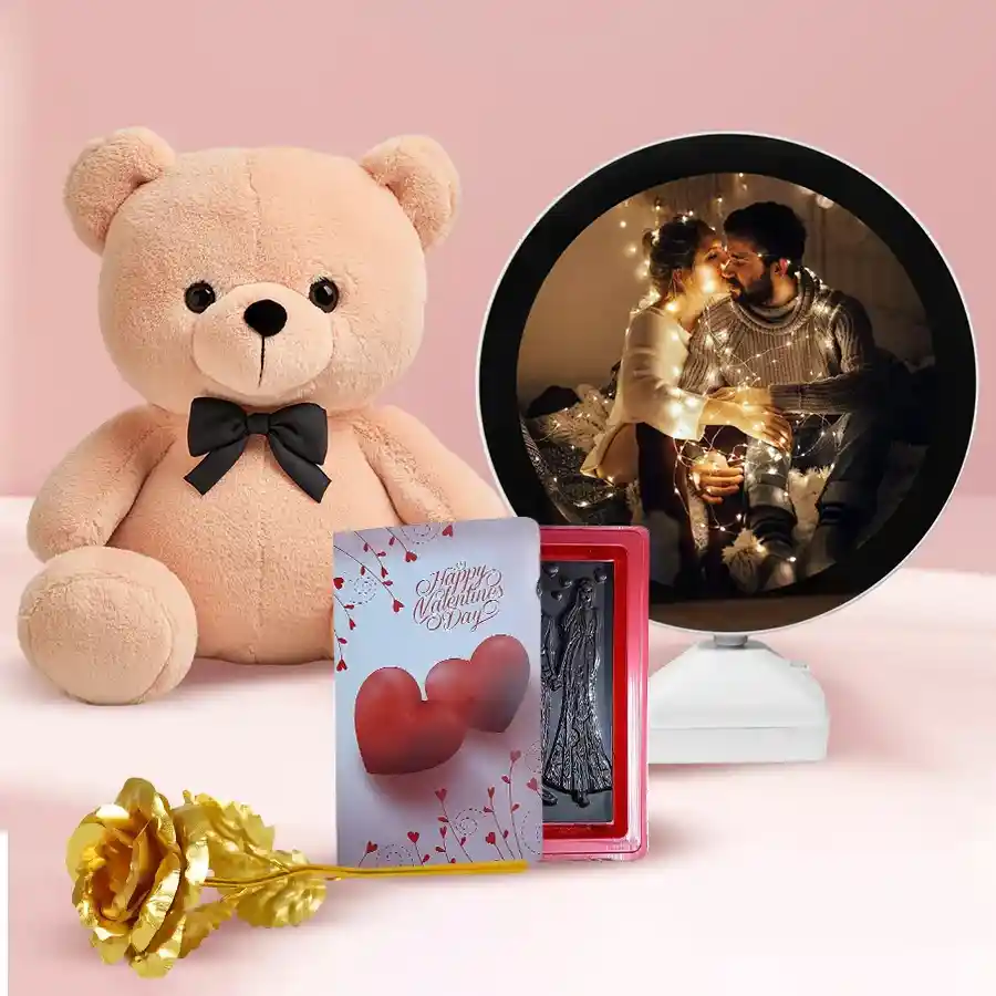 Personalized Photo Gift Combo for Valentine's Day featuring a round mirror, handmade chocolate, golden rose, and cute teddy bear