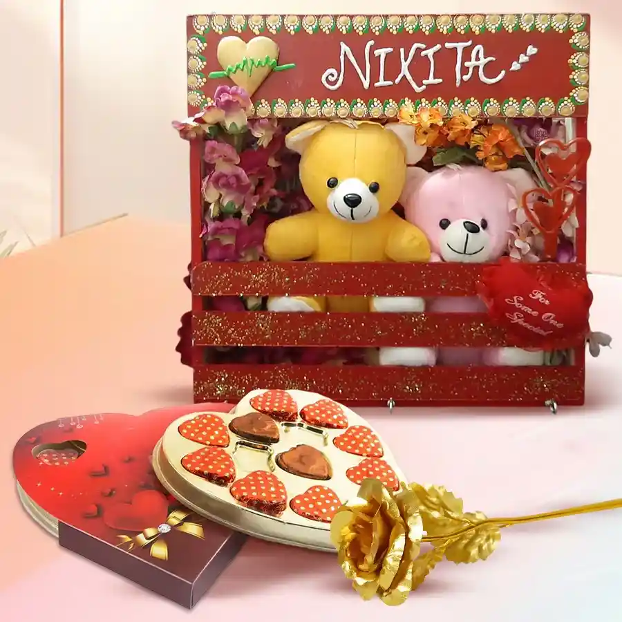 Personalized gift combo for wife featuring handmade heartbeat key holder, cuddly teddy, everlasting flowers, handcrafted heart-shaped chocolates, and golden rose.
