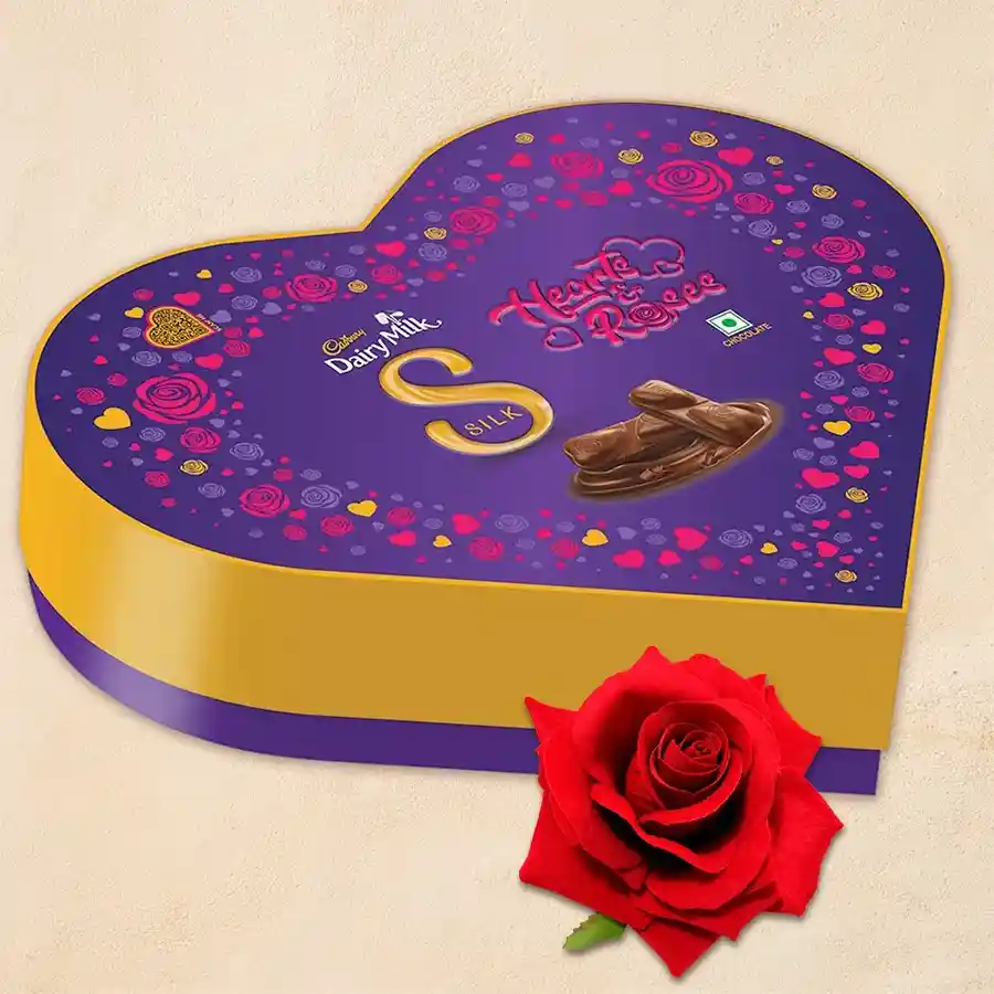 Cadbury Dairy Milk Silk Heart N Roses Gift Box featuring heart-shaped chocolates and a red velvet rose