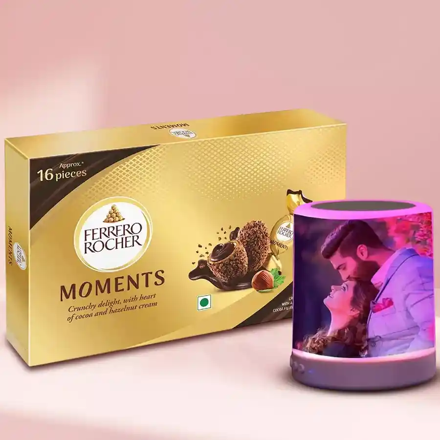 Personalized Bluetooth speaker featuring cherished photos alongside a Ferrero Rocher chocolate box, ideal for Mother's Day gifting.