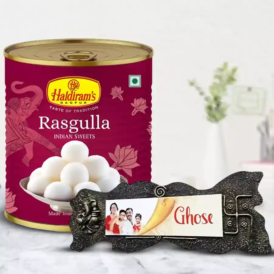 Personalized handmade name plate with Haldiram Rasgulla gift combo