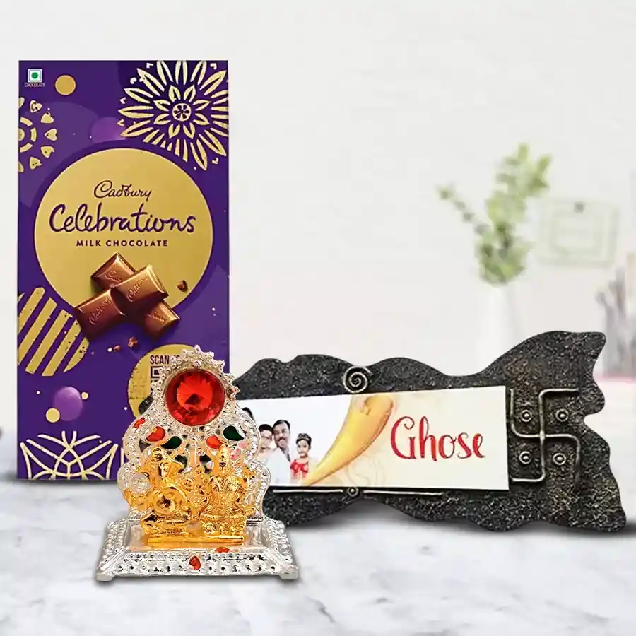 Exquisite handmade name plate with premium Cadbury chocolates and antique Ganesh Laxmi mandap arranged together as a thoughtful gift.
