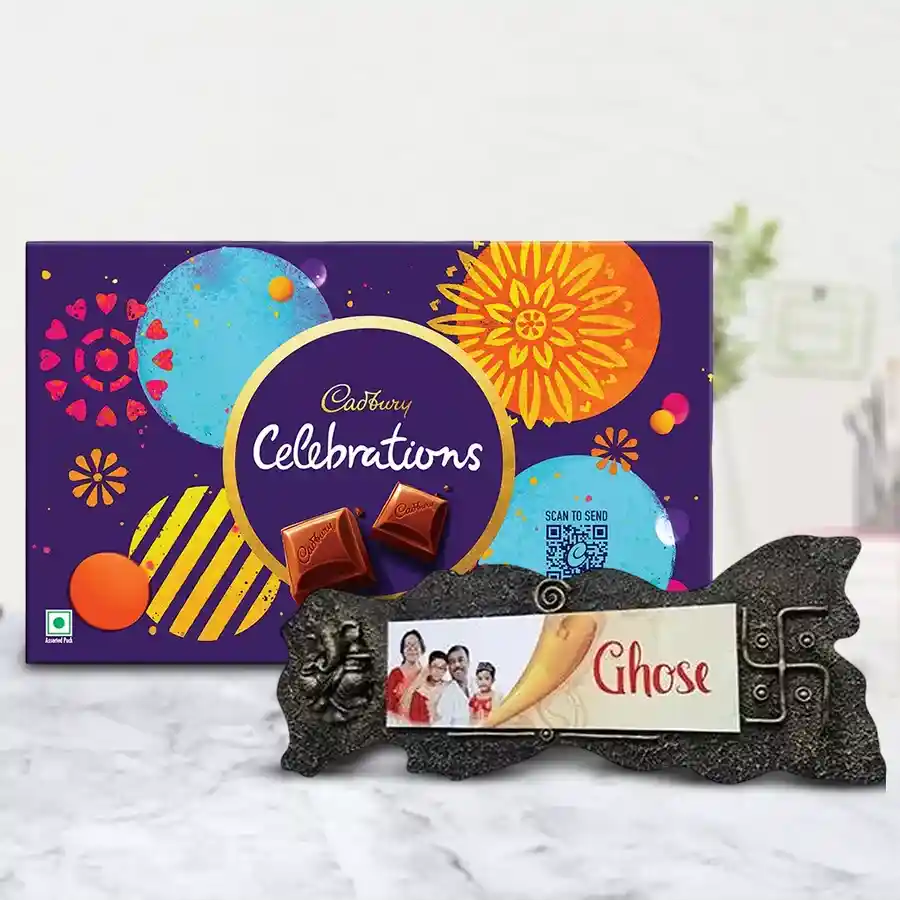Handmade name plate and assorted chocolates in a birthday gift combo