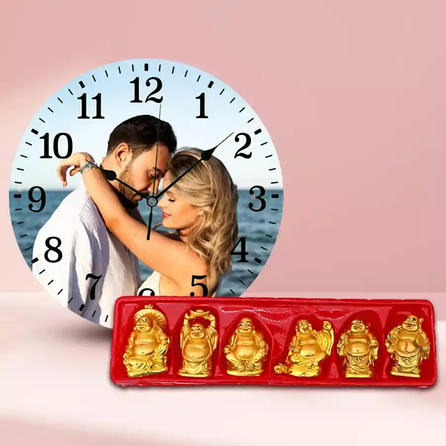 Personalized photo wall clock featuring a joyful Laughing Buddha and six figurines