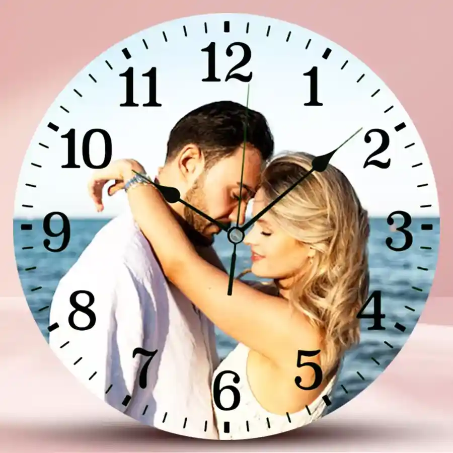 Alluring Personalized Photo Glass Round Wall Clock featuring a customized photo and decorative clock hands