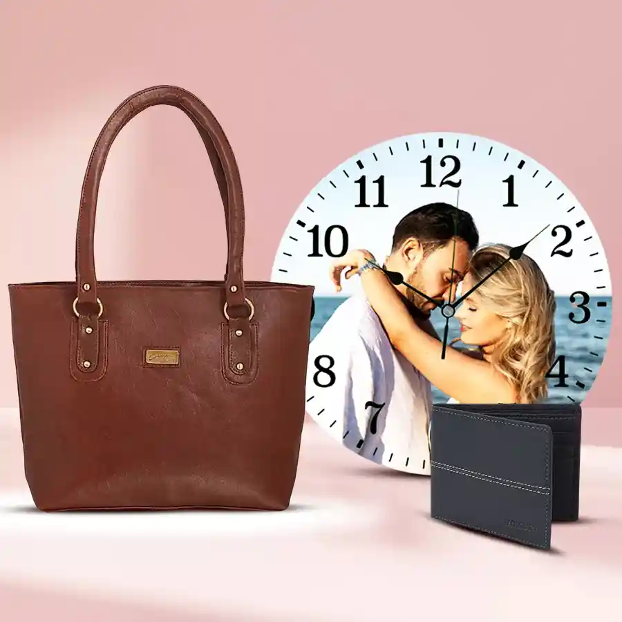 Personalized wedding anniversary gift combo featuring a photo glass round wall clock, a sleek wallet, and a chic purse.