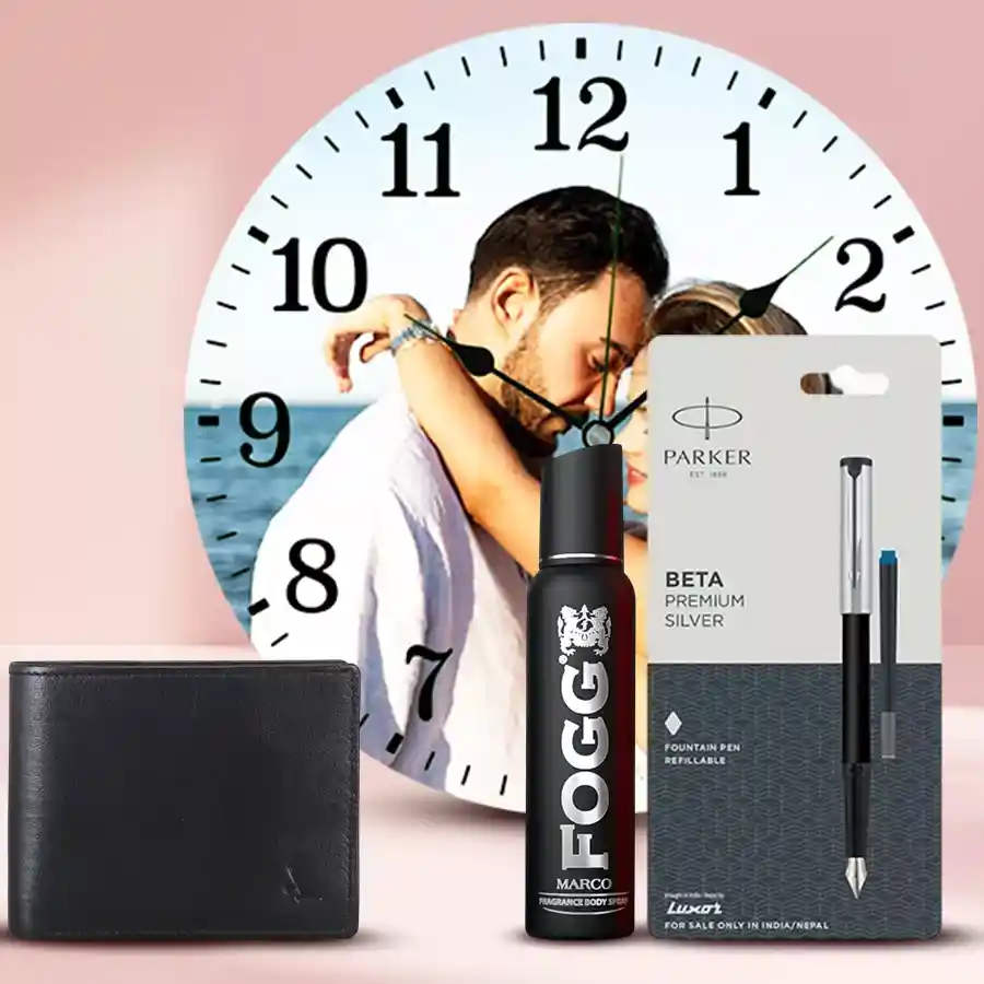 Admirable Personalized Gift Combo for Birthday featuring a Personalized Photo Glass Round Wall Clock, Black Leather Wallet, Parker Beta Pen, and Fogg Deo arranged elegantly.