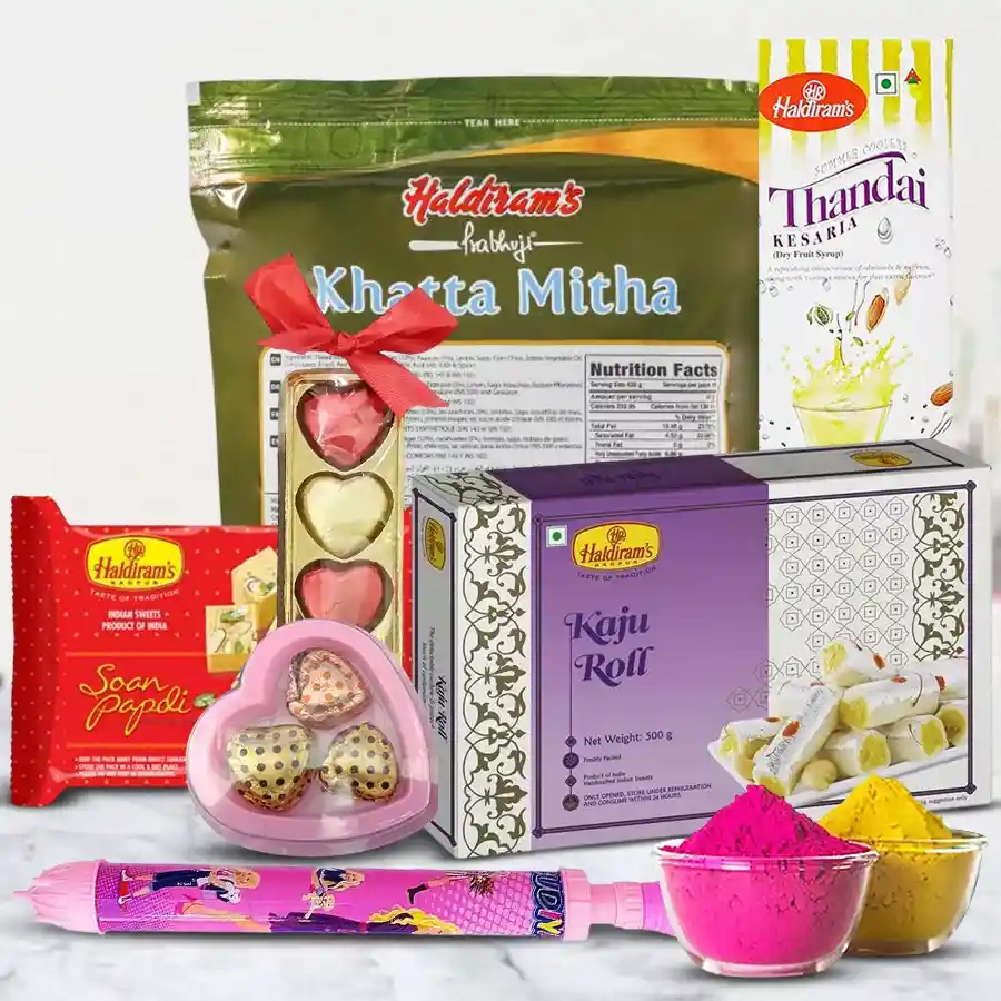 Amusing Holi Food Assortments Gift Hamper featuring Haldiram’s products, homemade chocolates, a Pichkari, and herbal gulal.