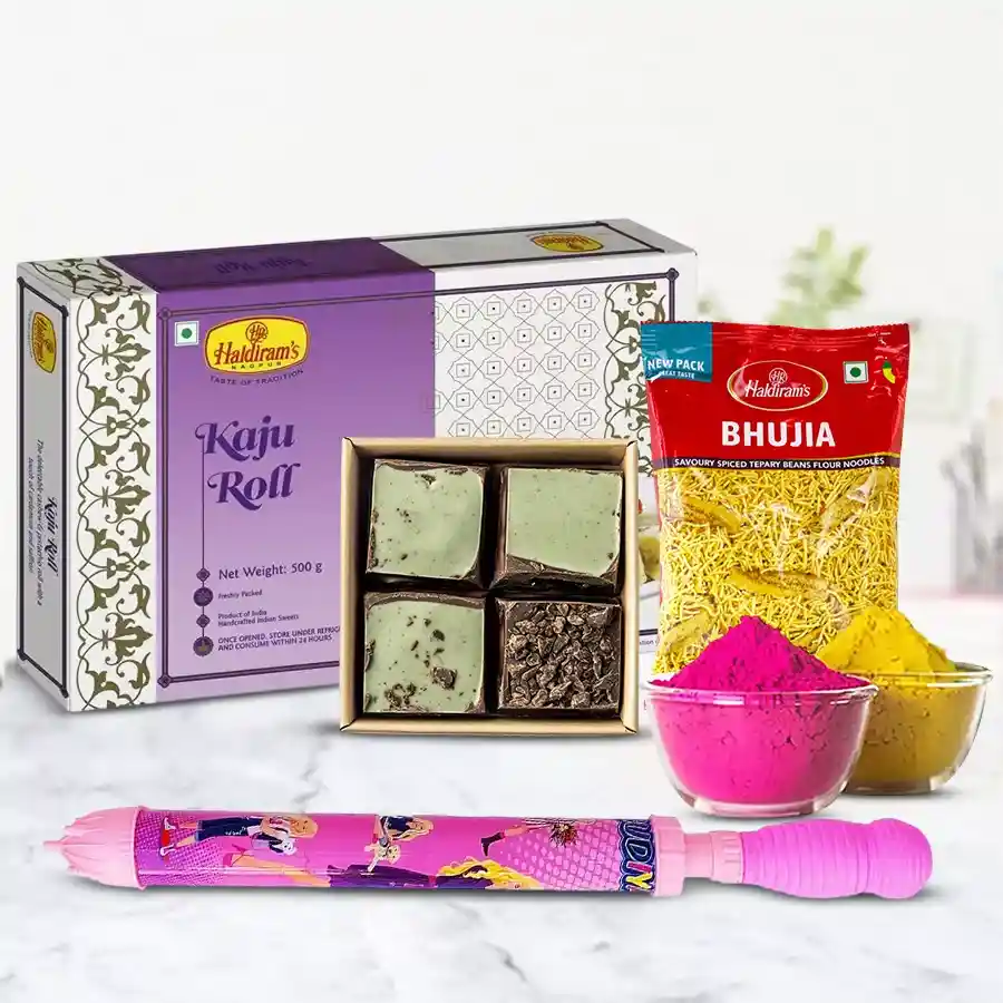 Mouth Watering Sweet N Savory Holi Gift Hamper including sweets, snacks, chocolates, a pichkari, and herbal gulal.