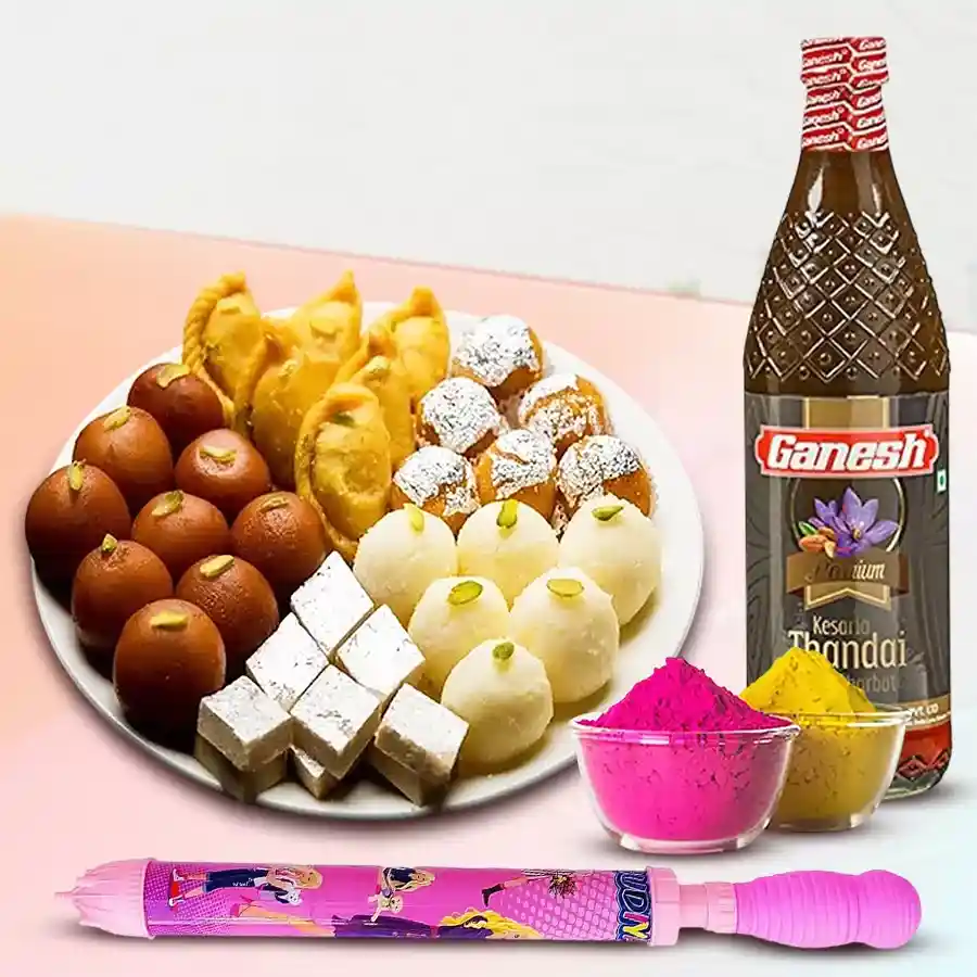 Tasty Combo of Mixed Sweets including Balusahi, Nariyal Laddu, Boondi Laddu, Kaju Katli, Gulab Jamun, Thandai, Pichkari, and Herbal Gulal for Holi celebration