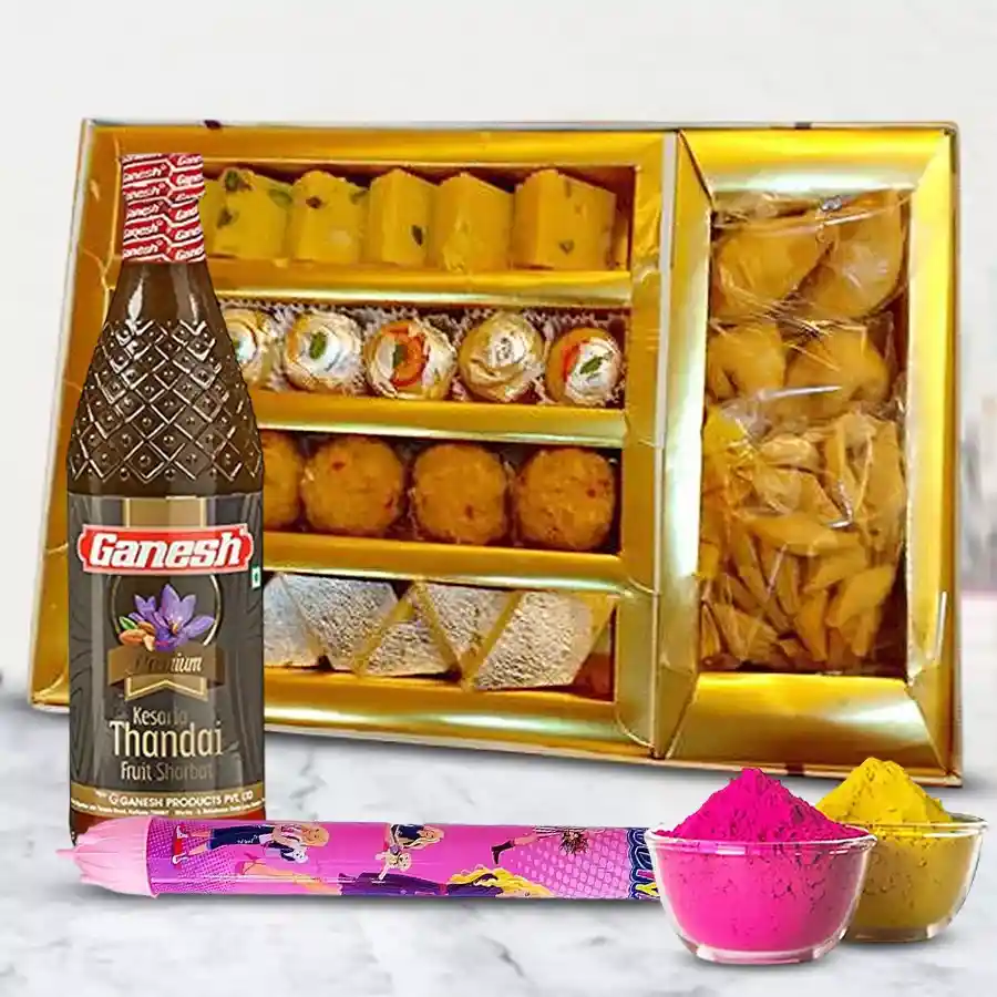 Lip Smacking Holi Combo featuring assorted sweets including Kesar Pedas, Mawa Lockets, Ghee Laddoos, Kaju Barfis, Namkeen, Mini Samosas, Ganesh Thandai, a Pichkari, and herbal Gulal.