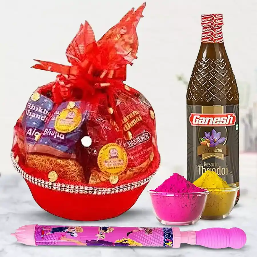 Amazing Snacks n Thandai Gift Hamper for Holi featuring assorted snacks, chocolates, a Thandai bottle, a pichkari, a basket, and colorful herbal gulal.