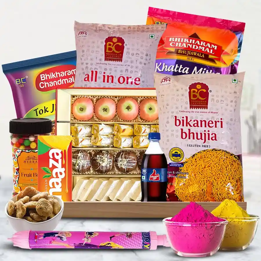 Ambrosial Sweets n Snacks Gift Hamper for Holi with sweets, snacks, a pichkari, herbal gulal, and a decorated tray