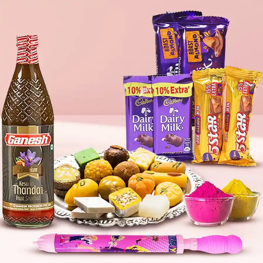 Yummy Holi Assortment featuring Haldiram's sweets, Cadbury chocolates, Ganesh Thandai, a pichkari, and herbal gulal