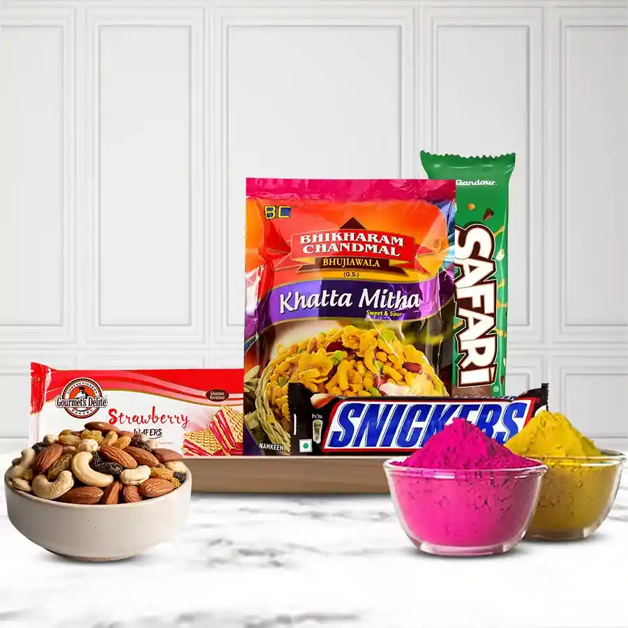 Blissful Dry Fruits and Assortments Fusion Gift Tray featuring gourmet snacks, chocolates, mixed nuts, and herbal gulal for Holi celebrations