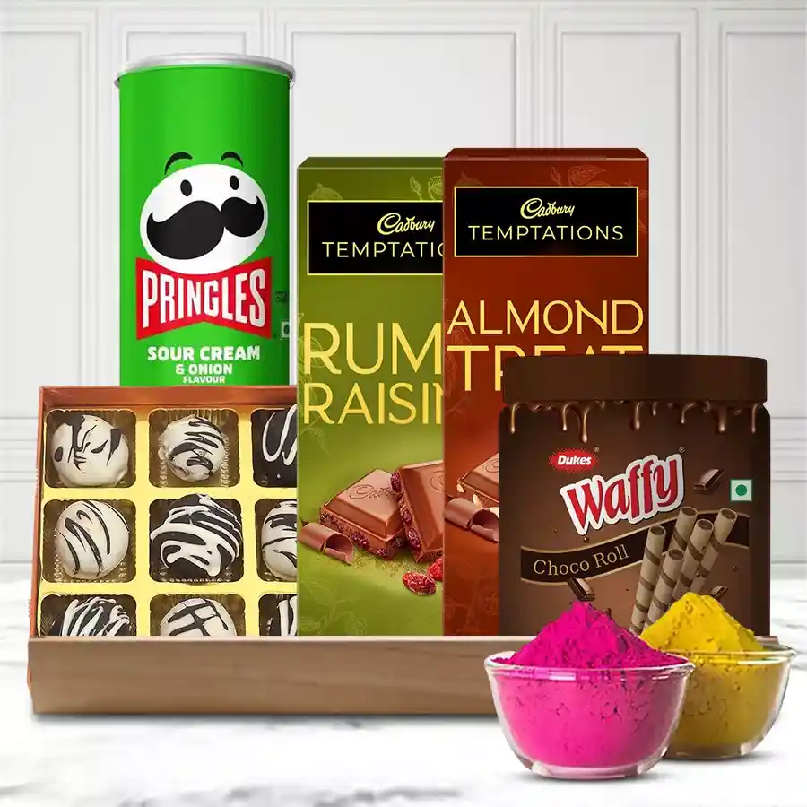 Scrumptious Chocos Gift Basket for Holi featuring handmade chocolates, Cadbury Temptations Rum n Raisins, Dukes Chocolate Rolls, Pringles Chips, and organic herbal Gulal packets