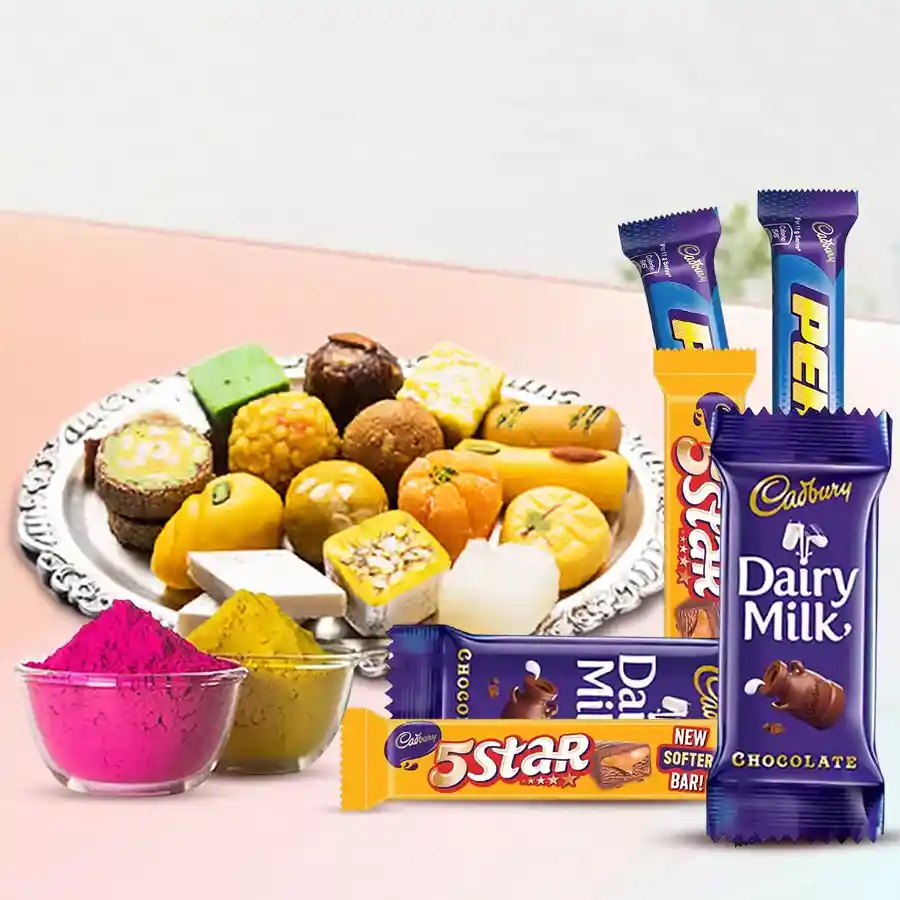 Ambrosial Sweets n Chocolates Gift Combo with Haldirams sweets, Cadbury chocolates, and herbal gulal for Holi celebrations