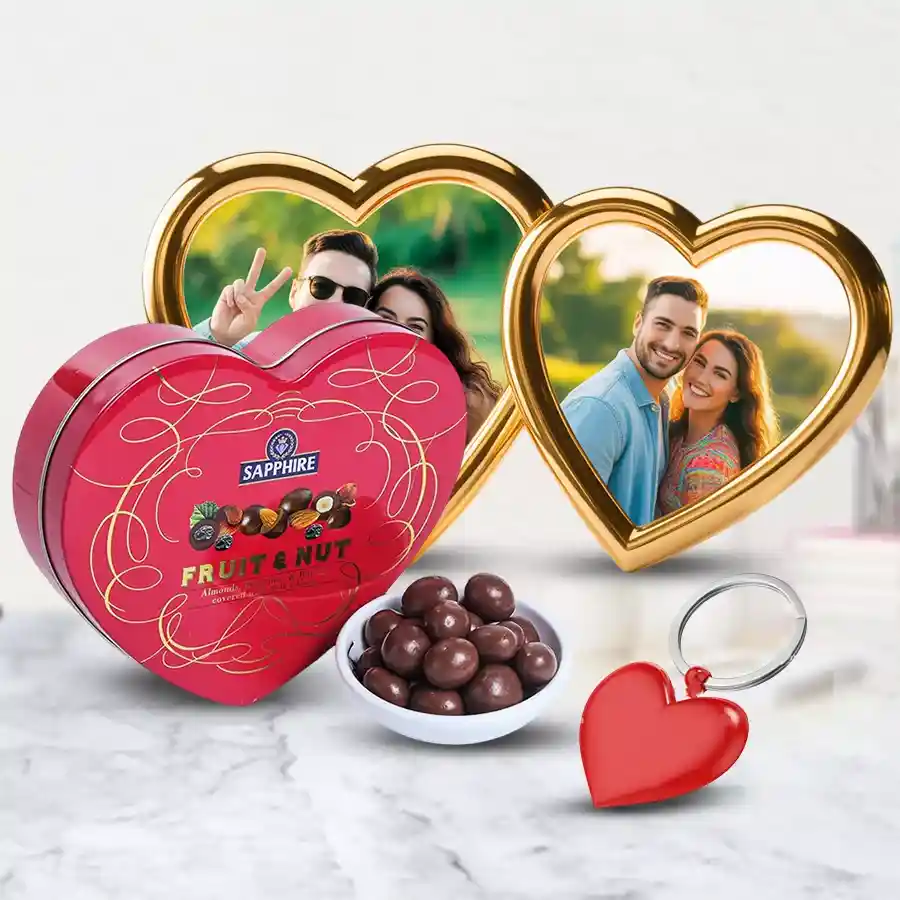 Striking Heart to Heart Personalized Gift Combo featuring a custom Double Heart MD Frame, Sapphire Heart-Shaped Fruit & Nut Tin, and a Heart Shape Key Ring