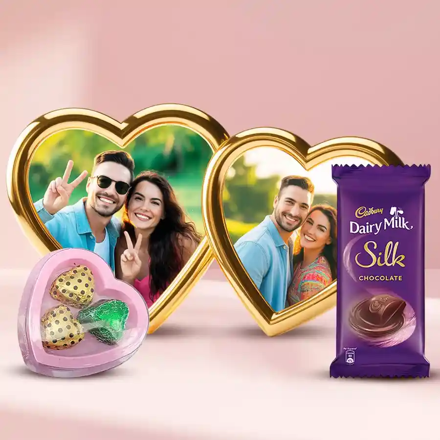Personalized Double Heart MD Frame with handmade chocolates and Cadbury Dairy Milk Silk