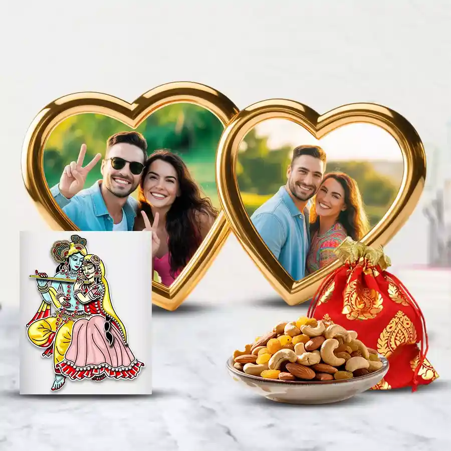 Personalized Love Frame with Radha Krishna sticker and a potli of assorted dry fruits for Mother's Day