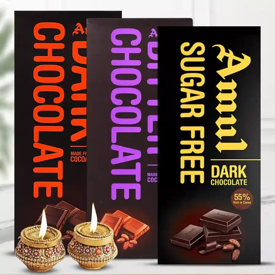 Tempting Amul Dark Chocolate Delight gift set with three dark chocolate bars and two terracotta diyas for Diwali celebrations