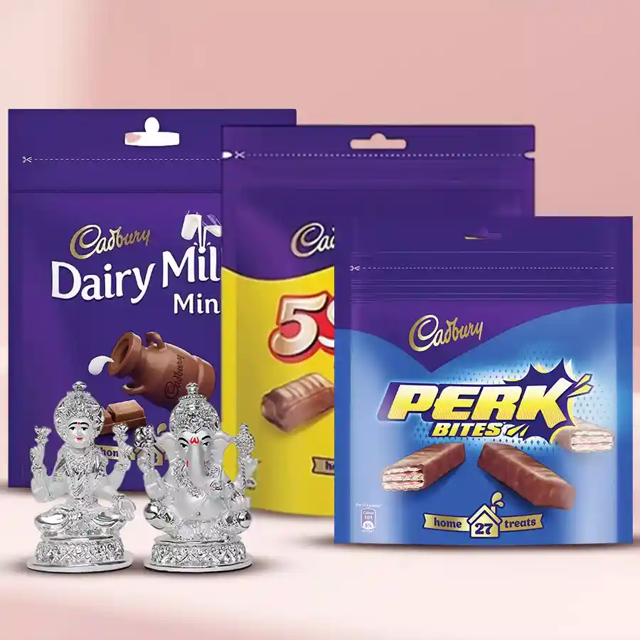 Sweet Cadbury Choco Delight gift box featuring Dairy Milk, 5 Star, Perk chocolates, and a Laxmi Ganesh Idol for Diwali celebrations.
