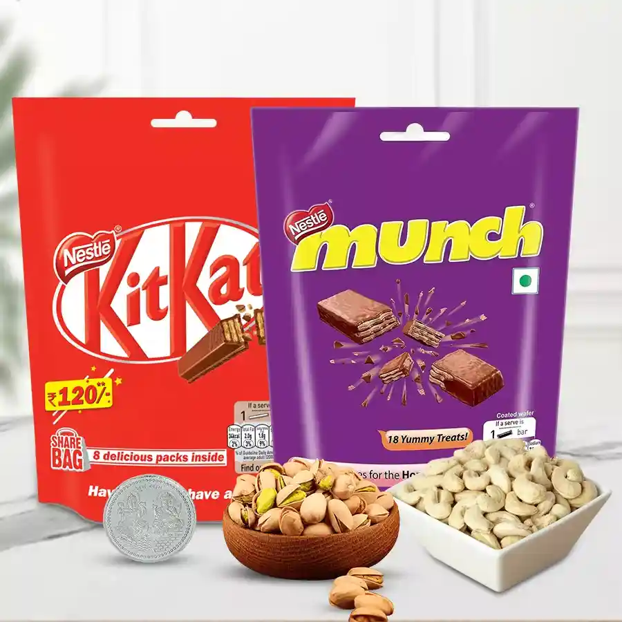 Zesty Diwali treat mix featuring Nestle chocolates, dry fruits, and a silver-plated Laxmi Ganesh coin